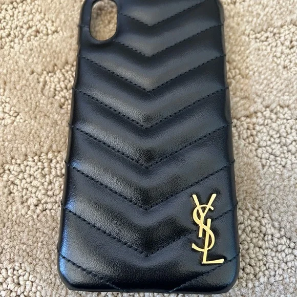 Saint Laurent Black Leather iPhone Case with Gold YSL